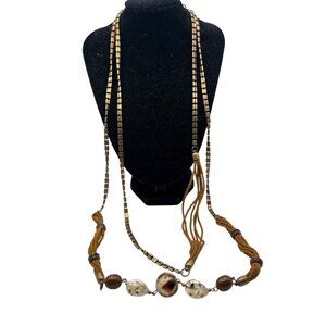 Treska Long Boho Necklace Adjustable Multi Strand Glass Acrylic Beads Cord Brass